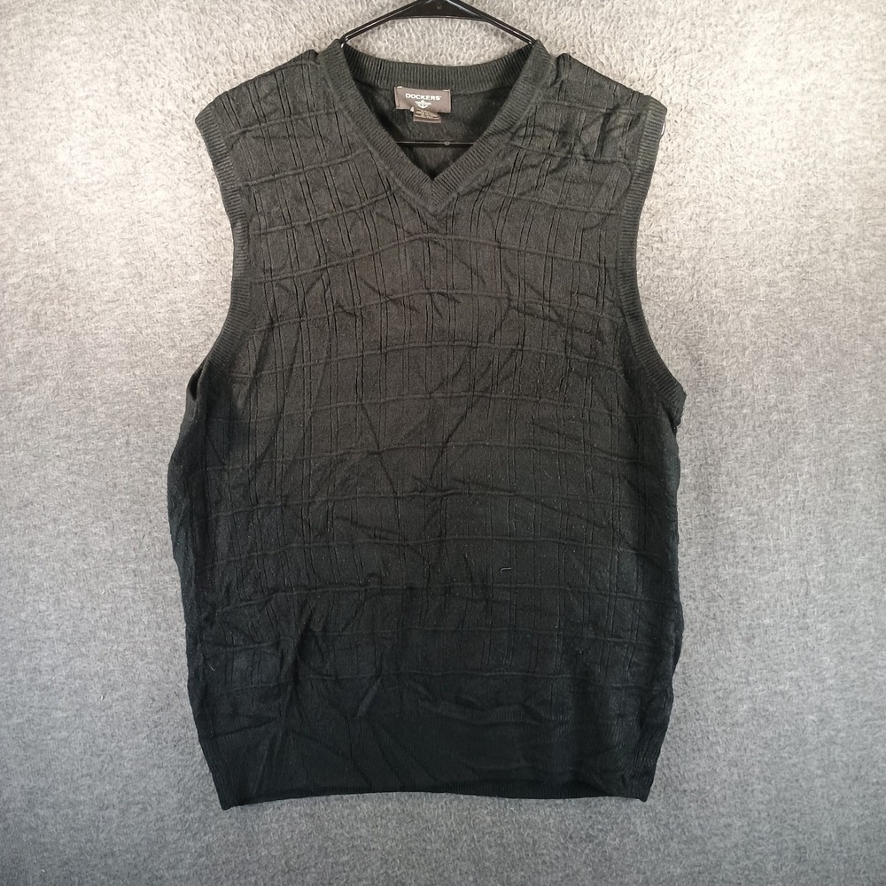 Dockers Acrylic Sweater Vest Mens Large Black Checkered Embroidered